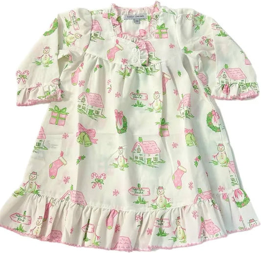 Pink/Green Christmas Theme Print Gown