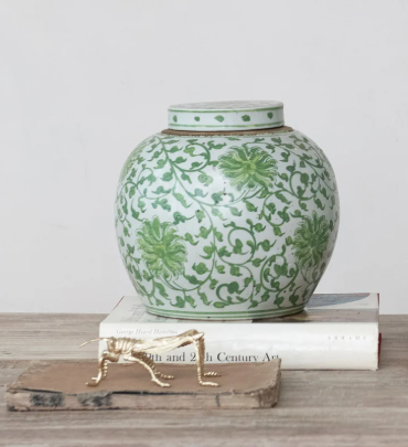 9.5" D x 9.5" H Decorative Stoneware Ginger Jar w/ Floral Pattern