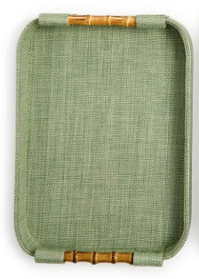 Monaco Green Faux Seagrass Decorative Rectangle Tray with Oval Corner & Bamboo Handles