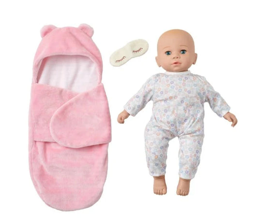 14 inch baby doll in floral onesie with pink bear swaddle, sleep mask, and Moses basket