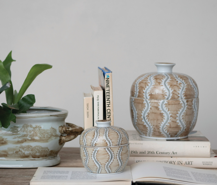 Tan & Grey Decorative Hand-Painted Stoneware Jars