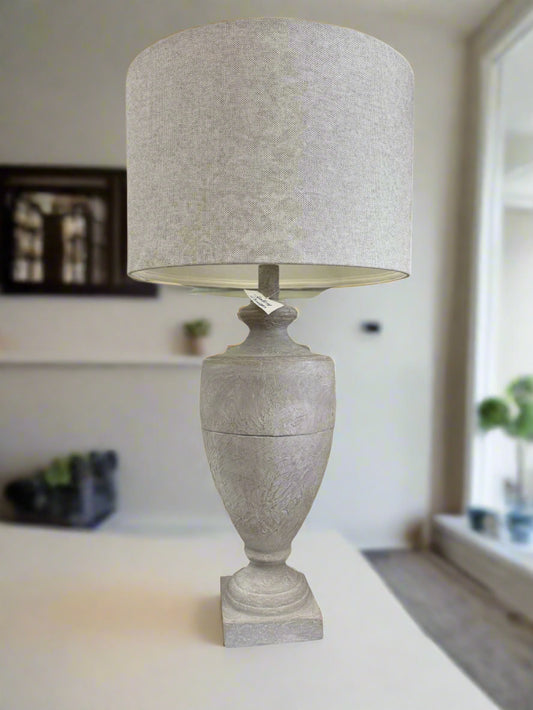 Hand finished lamp with damask linen shade