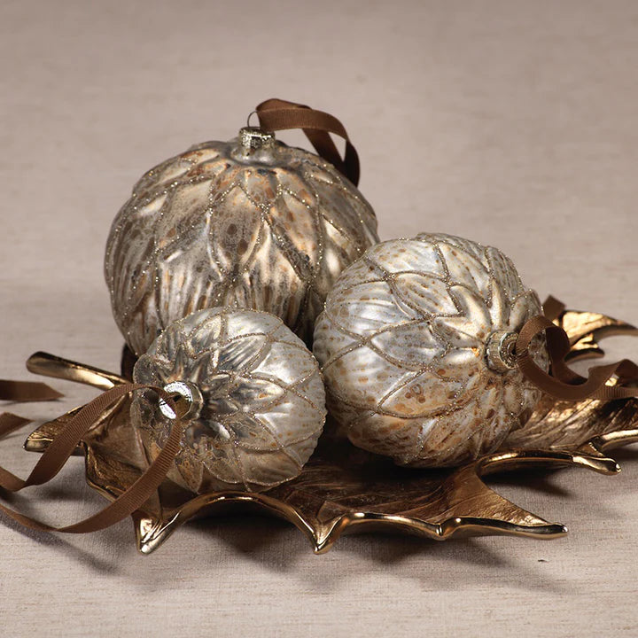 Antique Gold Ball Ornament w/ Leaf