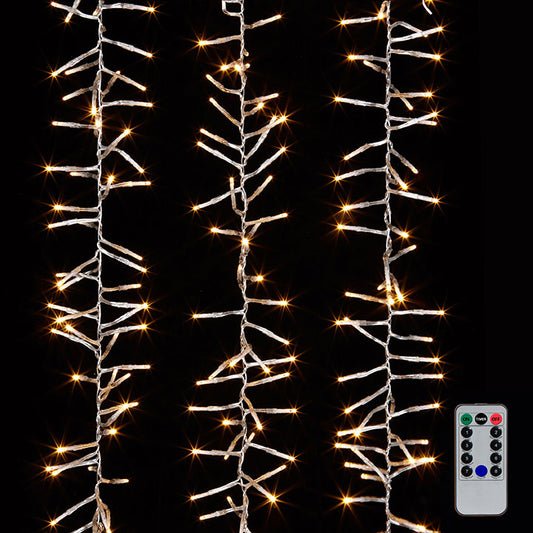 10' Cluster Garland Clear Wire w/ 300 White Light & Remote