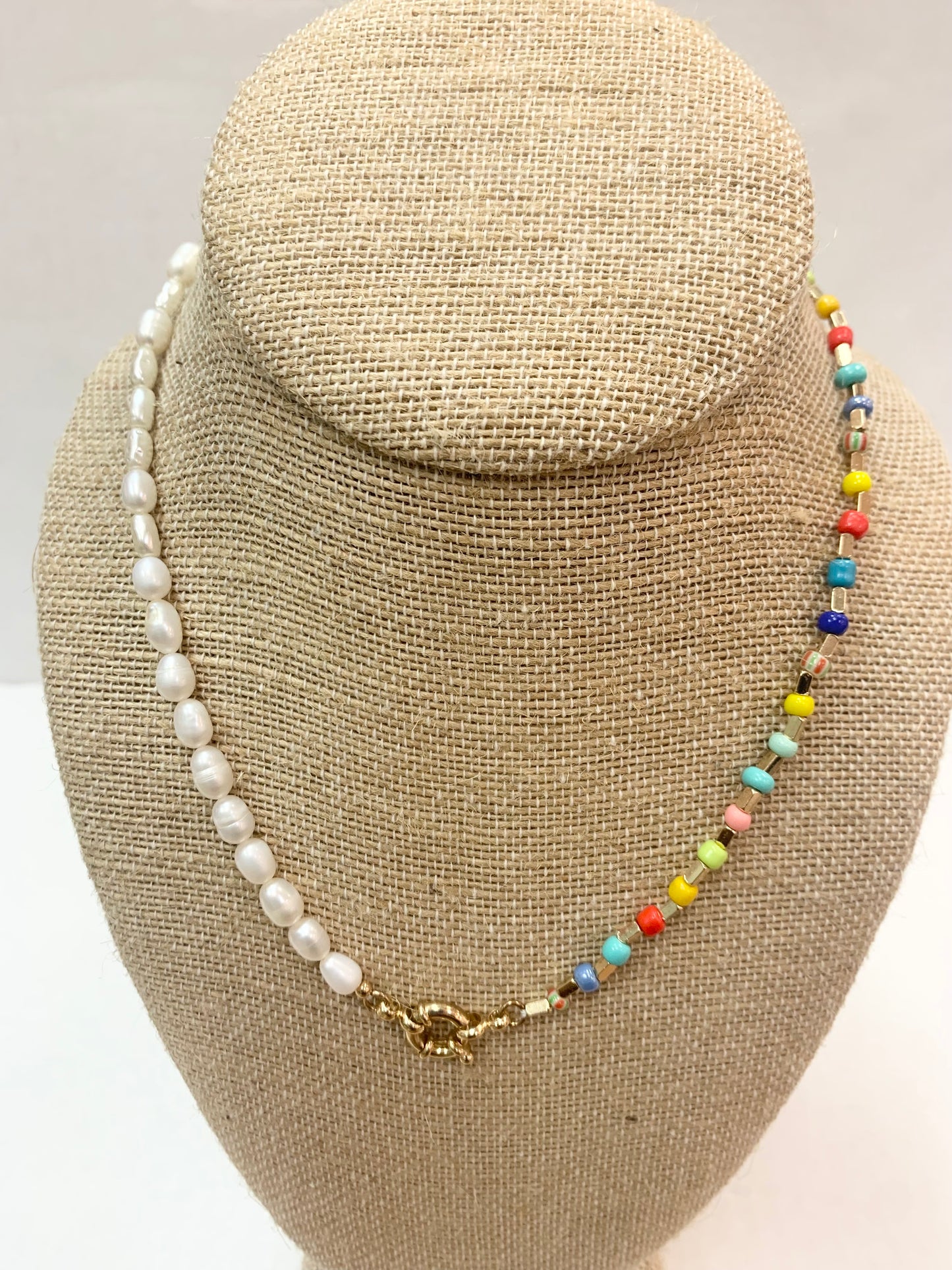 Pearl and Rainbow Beaded Necklace