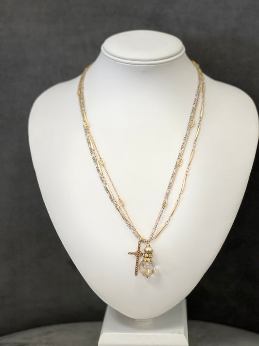 3 Chain Cross Necklace with Topaz Stone