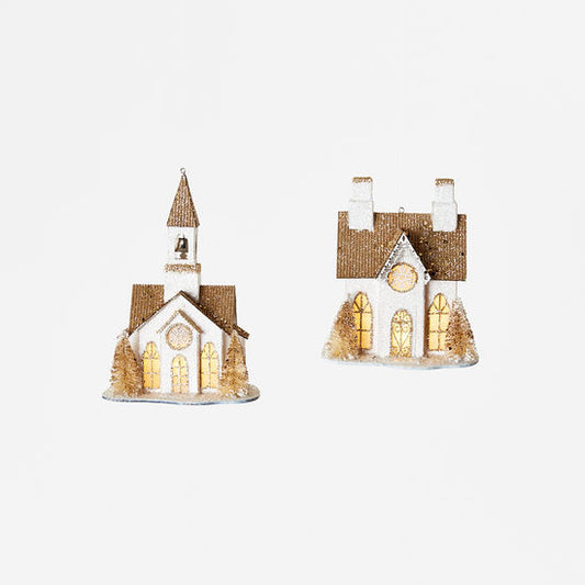 Lighted Gold & White Church/House Ornament