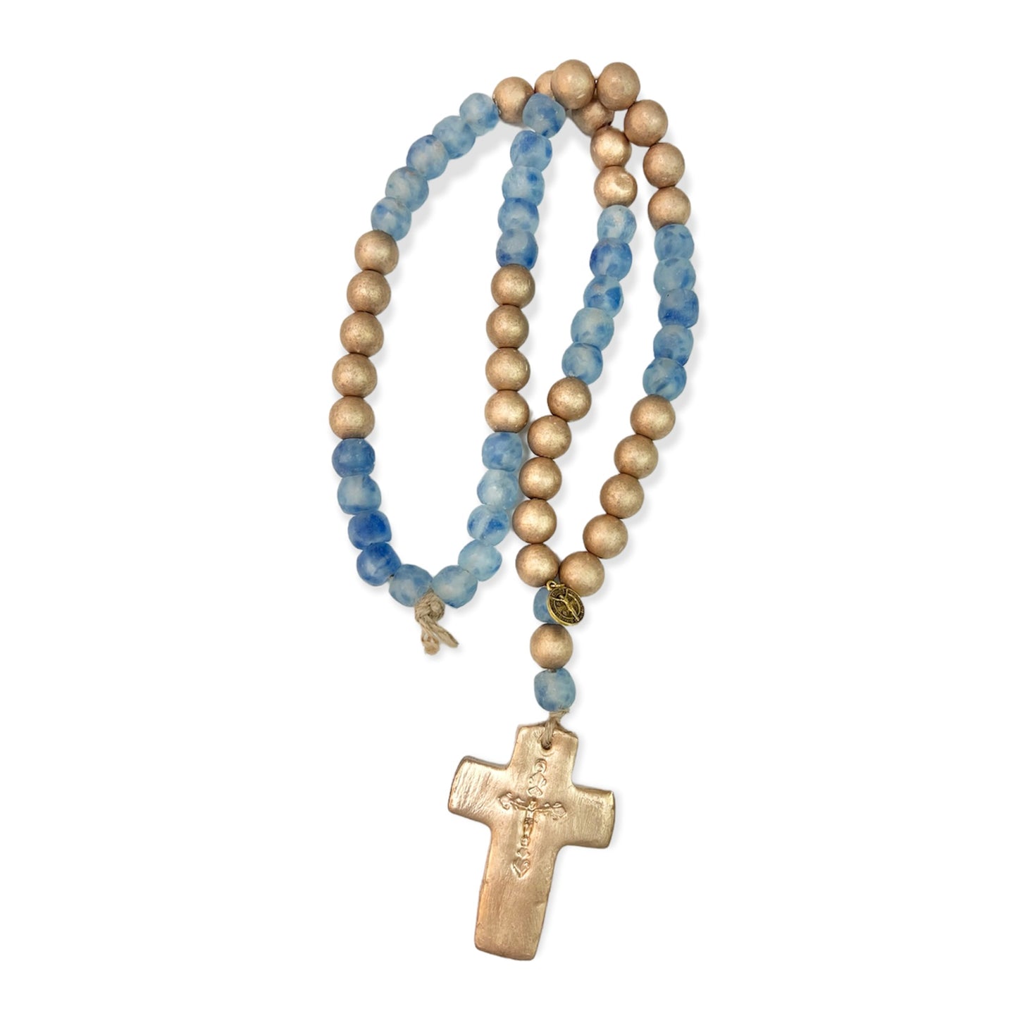 Gold Wood Beads with Glass Beads and Gold Cross