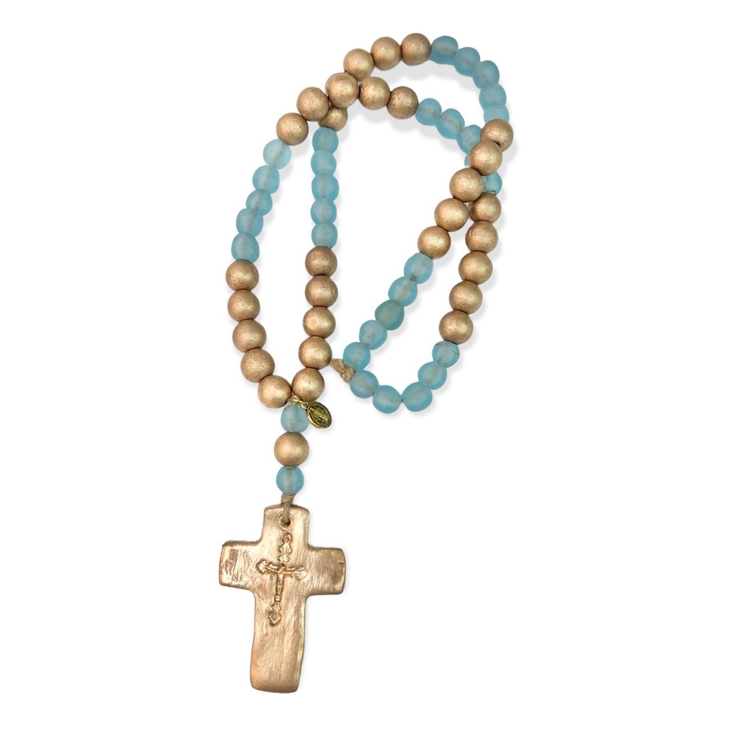 Gold Wood Beads with Glass Beads and Gold Cross