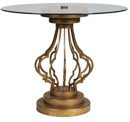 Split Quatrefoil Design Antique Gold Leaf and Iron Glass Accent Table