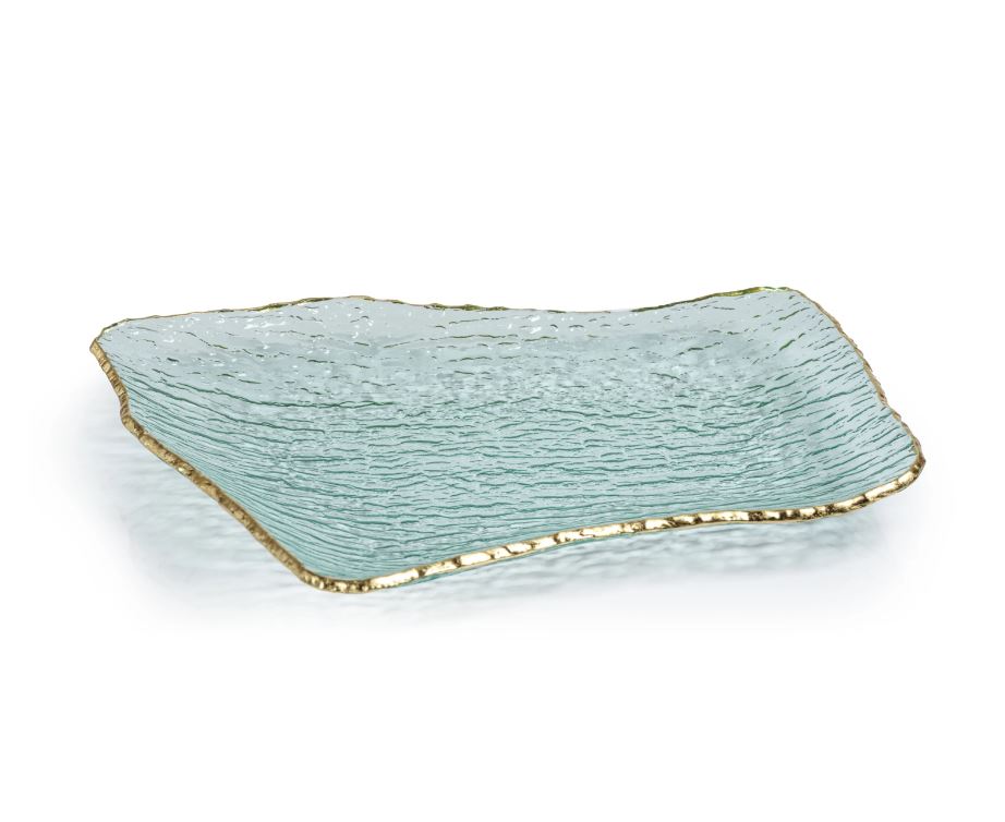 Textured Rectangular Organic Shape Plate with Jagged Gold Rim