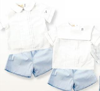 White and Blue 2 pc Short Set with Square Collar